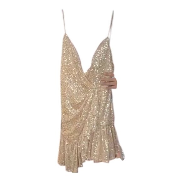 Mac Douggal Gold Sequined Faux Wrap Ruffled Hem Mini  Cocktail dress Sz 8 #10 - Picture 8 of 11